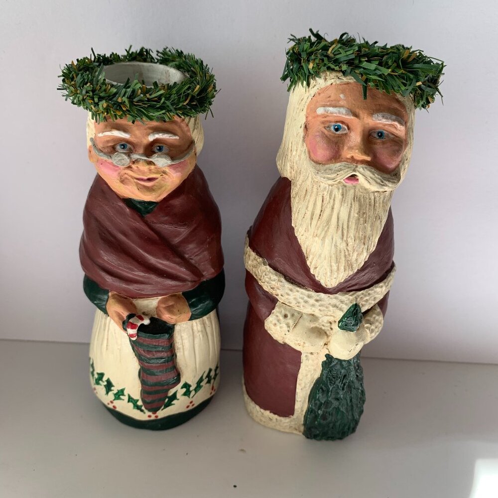 Vintage Kurt S. Adler Santa & Mrs.Claus Taper Candlestick Holders Resin folk art